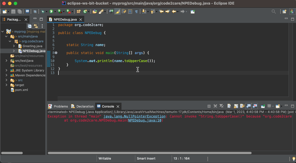 Debugging NullPointerException in Eclipse IDE
